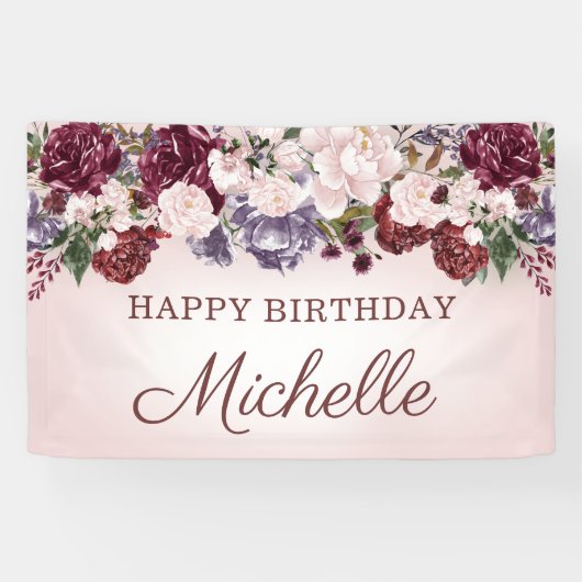 Roze Paarse Bourgogne  Floral Happy Birthday Spandoek (Horizontaal)
