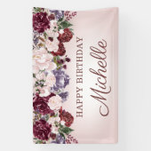 Roze Paarse Bourgogne  Floral Happy Birthday Spandoek (Verticaal)