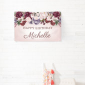 Roze Paarse Bourgogne  Floral Happy Birthday Spandoek (Insitu)