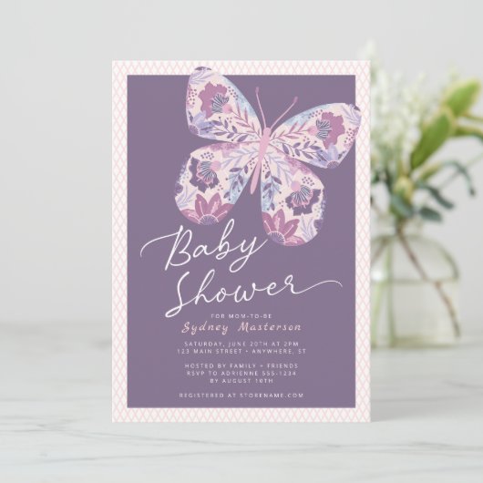 Roze Paarse butterfly-Baby shower Kaart (Staand voorkant)