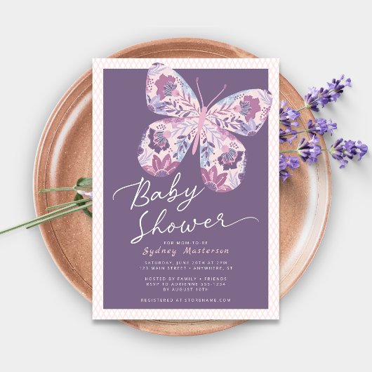 Roze Paarse butterfly-Baby shower Kaart