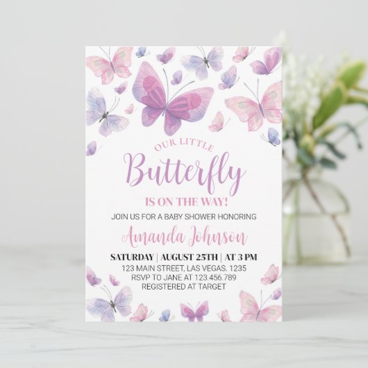 Roze Paarse butterfly-Baby shower Kaart (Staand voorkant)