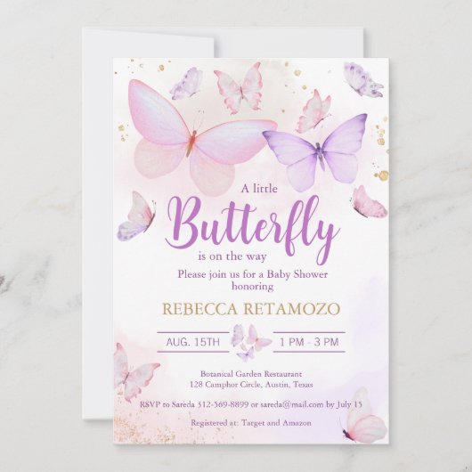 Roze Paarse butterfly-Baby shower Kaart (Voorkant)