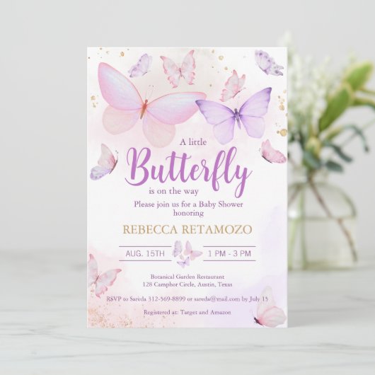 Roze Paarse butterfly-Baby shower Kaart (Staand voorkant)
