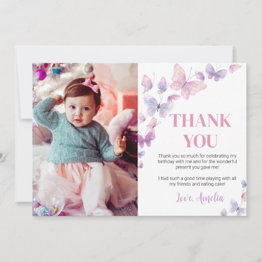 Roze Paarse Butterfly Birthday Foto: Dank u wel Bedankkaart (Voorkant)
