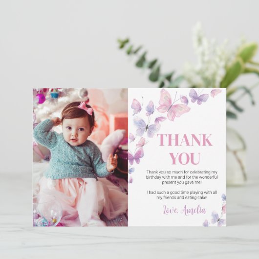 Roze Paarse Butterfly Birthday Foto: Dank u wel Bedankkaart (Staand voorkant)
