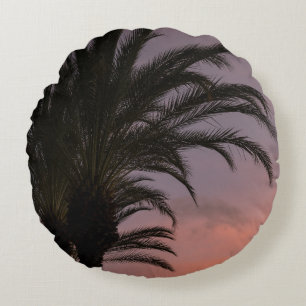 Roze Paarse Caribische Zonsondergang Palmboom 1 Rond Kussen