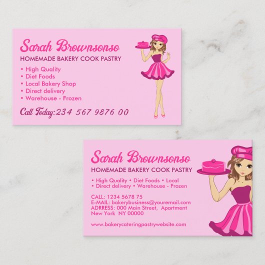Roze Paarse Cartoon Cake Cooking Bakery Visitekaartje (Voorkant / Achterkant)