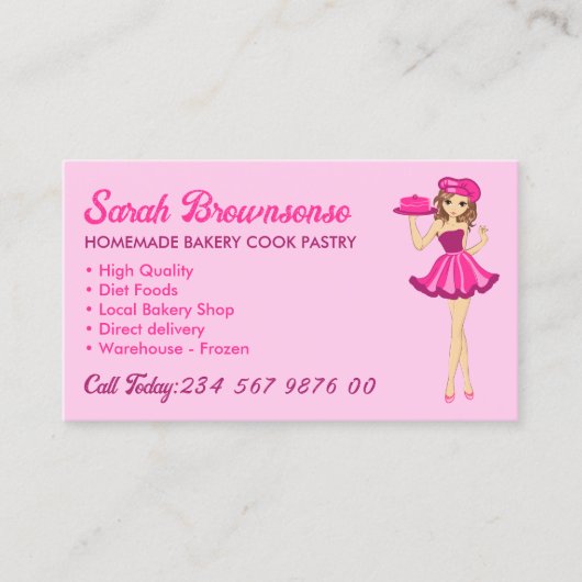 Roze Paarse Cartoon Cake Cooking Bakery Visitekaartje (Voorkant)