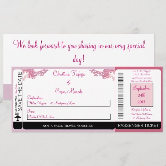 Roze/Paarse Chine Boarding Pass Huwelijksuitnodigi Kaart (Voorkant / Achterkant)