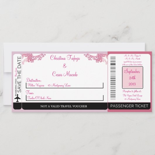Roze/Paarse Chine Boarding Pass Huwelijksuitnodigi Kaart (Voorkant)