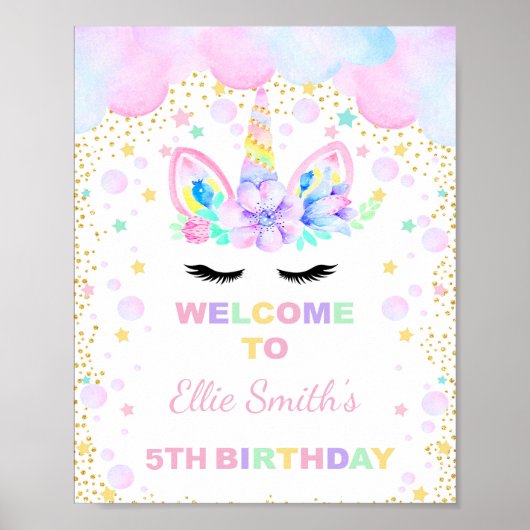 Roze Paarse Cloud Unicorn Welkomstsignalen Poster (Voorkant)