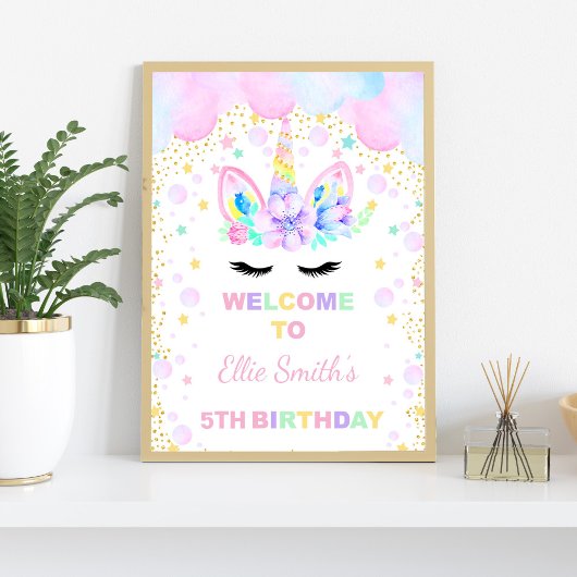 Roze Paarse Cloud Unicorn Welkomstsignalen Poster