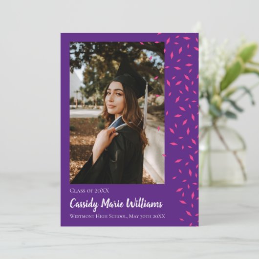 Roze Paarse Confetti Afstuderen Aankondiging (Staand voorkant)