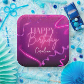 Roze Paarse Confetti Neon Lights Happy Birthday Papieren Bordje (Feest)