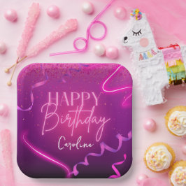 Roze Paarse Confetti Neon Lights Happy Birthday Papieren Bordje