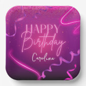 Roze Paarse Confetti Neon Lights Happy Birthday Papieren Bordje (Voorkant)