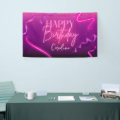 Roze Paarse Confetti Neon Lights Happy Birthday Spandoek (Beurs)
