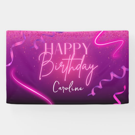 Roze Paarse Confetti Neon Lights Happy Birthday Spandoek (Horizontaal)
