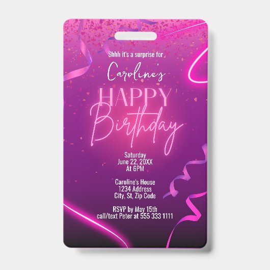 Roze Paarse Confetti Neon verrassingsfeest Badge (Voorzijde)