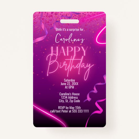 Roze Paarse Confetti Neon verrassingsfeest Badge (Voorkant)