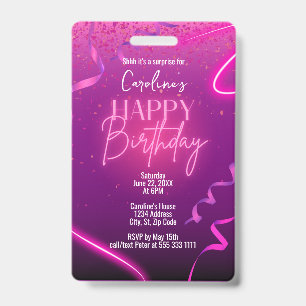 Roze Paarse Confetti Neon Verrassingsverjaardagsfe Badge