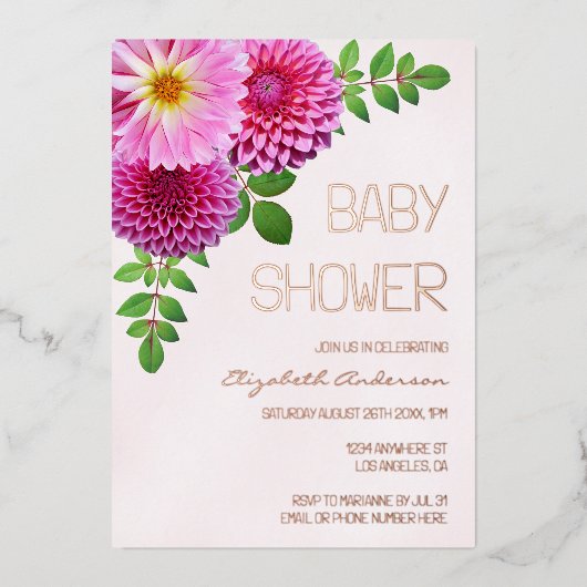 Roze Paarse Dahlia Meisje Baby shower Folie Uitnodiging (Voorkant)