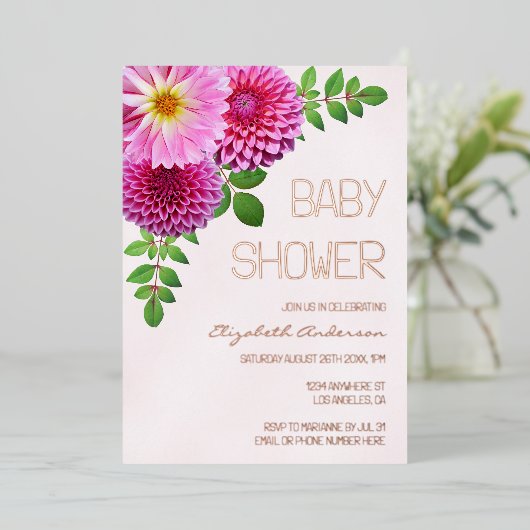 Roze Paarse Dahlia Meisje Baby shower Folie Uitnodiging (Staand Voorkant)