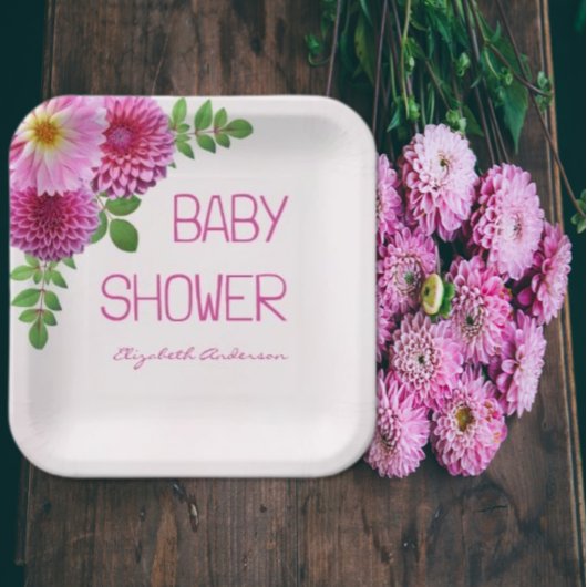 Roze Paarse Dahlia Meisje Baby shower Papieren Bordje