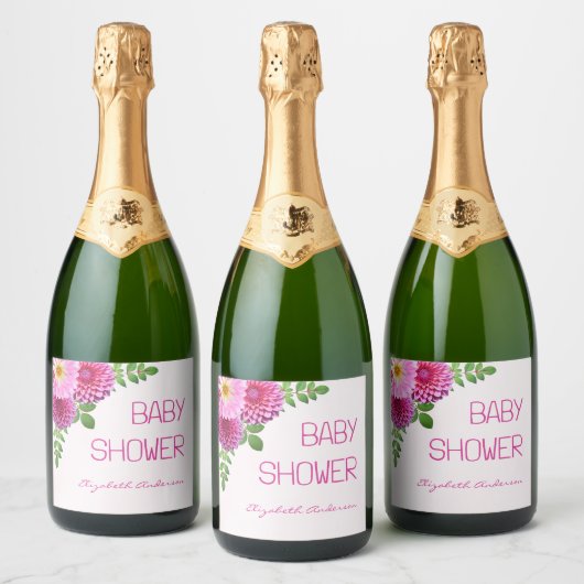 Roze Paarse Dahlia Meisje Baby shower Sparkling Wijnetiket (Flessen)