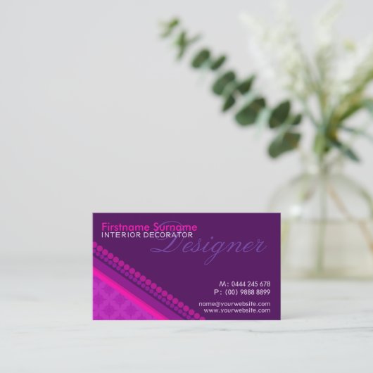 Roze Paarse Damask Stippen Style Designer Business Visitekaartje (Staand voorkant)