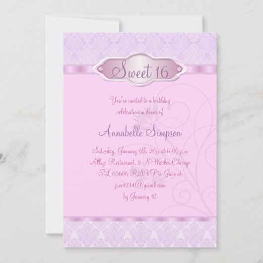 Roze/Paarse Damask & Swirl Sweet16 Uitnodigen Kaart (Voorkant)
