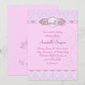 Roze/Paarse Damask & Swirl Sweet16 Uitnodigen Kaart (Voorkant / Achterkant)