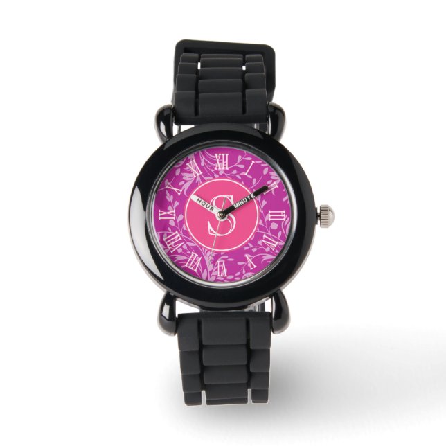 Roze, paarse damast grafisch monogram meisjes horl horloge (Voorkant)