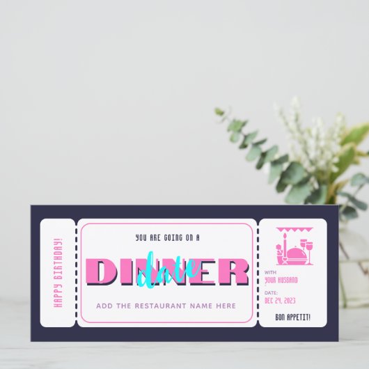Roze Paarse Dinner Date Cadeaubon Ticket (Staand voorkant)