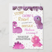 Roze Paarse Dinosaur Birthday-uitnodigingen Kaart (Voorkant)