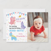 Roze Paarse Dinosaur Girls Dino Party Foto Bedankkaart (Voorkant)