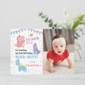 Roze Paarse Dinosaur Girls Dino Party Foto Bedankkaart (Staand voorkant)