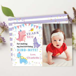 Roze Paarse Dinosaur Girls Dino Party Foto Bedankkaart