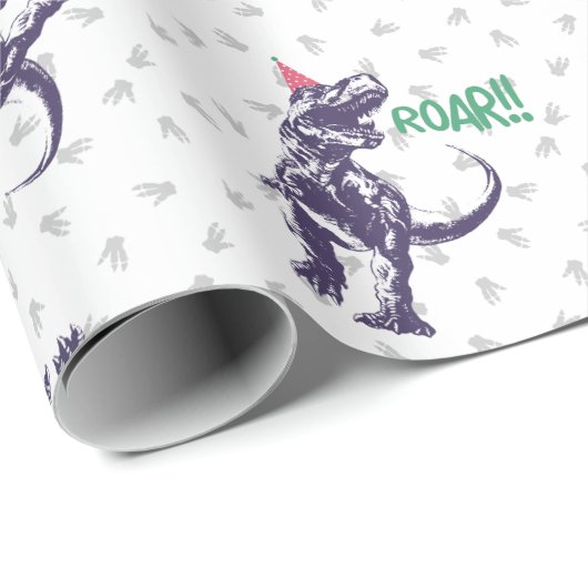 Roze Paarse dinosaurus Happy Birthday Cadeaupapier (Rol Hoek)