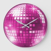 Roze Paarse Disco Ball Sparkle Mirror Grote Klok (Voorkant)