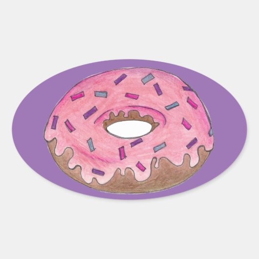 Roze Paarse Donut Doughnut Sprinkles Junk Food Ovale Sticker (Voorkant)