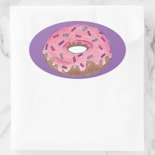 Roze Paarse Donut Doughnut Sprinkles Junk Food Ovale Sticker (Tas)