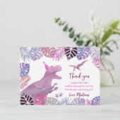 Roze Paarse Drie Rex Meisje Dinosaurus Verjaardag Bedankkaart (Staand voorkant)