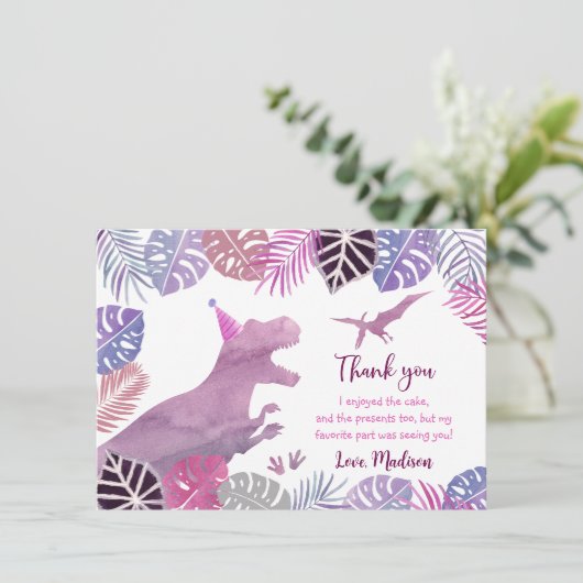 Roze Paarse Drie Rex Meisje Dinosaurus Verjaardag Bedankkaart (Staand voorkant)