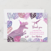 Roze Paarse Drie Rex Meisje Dinosaurus Verjaardag Bedankkaart (Voorkant)