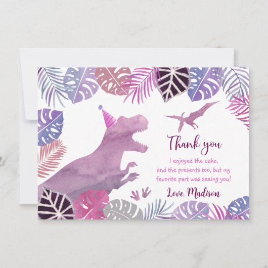 Roze Paarse Drie Rex Meisje Dinosaurus Verjaardag Bedankkaart (Voorkant)