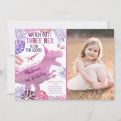 Roze Paarse Drie Rex Meisje Dinosaurus Verjaardag Kaart (Voorkant)