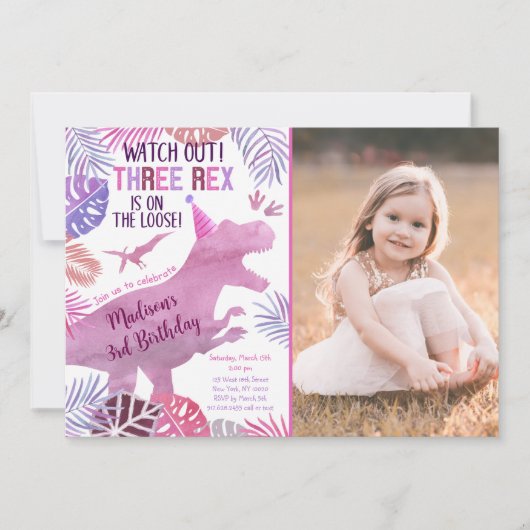 Roze Paarse Drie Rex Meisje Dinosaurus Verjaardag Kaart (Voorkant)