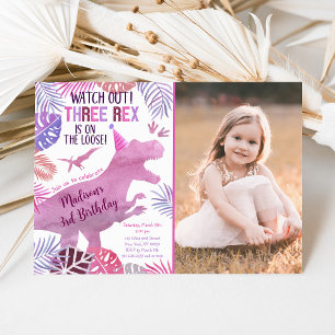 Roze Paarse Drie Rex Meisje Dinosaurus Verjaardag Kaart